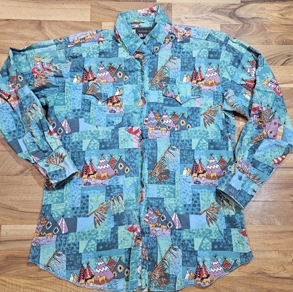 Vintage Parhandle Slim Western Shirt Men’s 16.5 L Teepee Horse Print USA Made - Picture 10 of 10